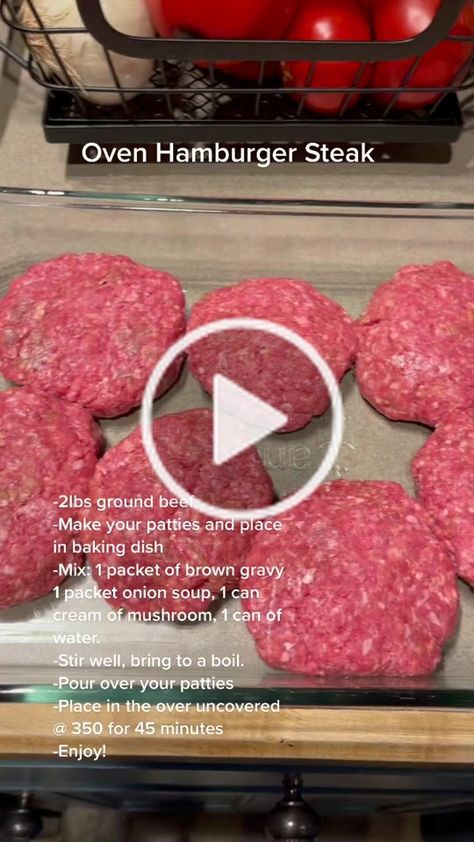 Easy Hamburger Steak, Oven Hamburgers, Hamburger Meat Recipes Easy, Baked Hamburgers, Hamburger Steak Recipes, Hamburger Steak And Gravy, Hamburger Steaks, Hamburger Dishes, Easy Hamburger