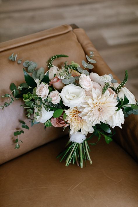 Dahlia Rose Bouquet, Green Hellebore, Cappuccino Rose, White Scabiosa, Cafe Au Lait Dahlias, Dahlia Wedding Bouquets, Sage Green Flowers, White Bridesmaid, Flower Bouquet Diy