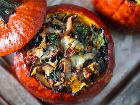 Thanksgiving Stuffed Roast Pumpkins Recipe | Serious Eats Roasted Pumpkin Recipes, Thanksgiving Vegetarian, Stuffed Roast, Thanksgiving Mains, Stuffed Pumpkin, Stuffing Ingredients, Vegan Substitutes, Vegetarian Thanksgiving, Vegetarian Recipe