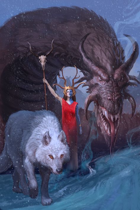 Hel, Nithog, and Garm Hel And Garmr, Hel Viking Goddess, Hel Goddess Art, Hel Deity, Hel Goddess Mythology, Hel Mythology, Norse Hel, Hel Norse Mythology, Norse Mythology Hel