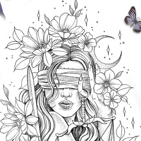 Libra Lady Tattoo, Libra Line Art Tattoo, Libra Tarot Card Tattoo, Libra Line Art, Libra Mandala Art, Custom Tattoo Design, Line Illustration, Floral Artwork, Custom Tattoo