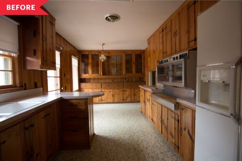 We have before and after photos of the entire house. Update Knotty Pine Cabinets, Pine Kitchen Cabinets Makeover, Old And New Decor Mixing, Pine Cabinets Kitchen, Knotty Pine Kitchen Cabinets, Smelly Carpet, Knotty Pine Cabinets, Knotty Pine Kitchen, Pine Wood Interior