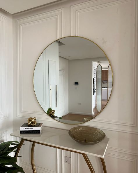 Upgrade your Hallway or vanity area with our Round Vanity and Hallway Wall Mirror. The sleek round shape adds a touch of elegance, while the black/gold finish brings a modern aesthetic. This mirror is a perfect addition to any dressing room, Hallway or bathroom, providing a stylish and functional reflection for your space. Order yours from our website (link in bio) to get 10% off Hallway Wall Mirror, Mirror On Wall, Hallway Mirror Wall, Round Vanity, Hallway Mirror, Wall Aesthetic, Vanity Area, Hallway Wall, Future Apartment