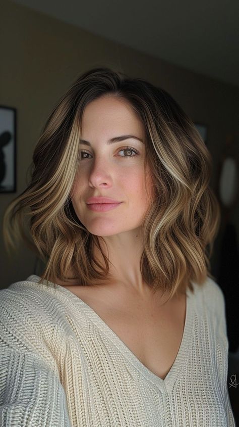 Balayage For Wavy Hair, Highlights Brown Hair Balayage Short, Middle Age Long Hair Styles Over 40, Baylage Short Hair, Short Brunette Hair With Highlights, Short Highlighted Hair, Medium Hair Highlights, Sunkissed Hair, Balayage Ideas