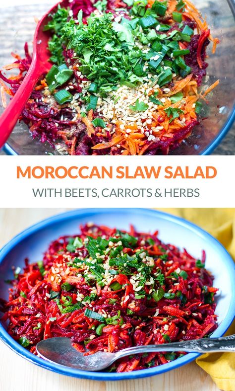 You will love this Moroccan carrot salad with beets, spices, herbs and toasted nuts. It's colorful, flavorful and nutritious and is great as a side dish with meat, fish or plant-based protein. It's rich in vitamins and antioxidants, fibre and is gluten-free, paleo, Whole30 and vegan-friendly. #salad #salads #beets #carrots #slaw #moroccan #moroccanrecipes #vegan #plantbased #glutenfree #paleo #whole30 Sugar Showpiece, Salad With Beets, Light Foods, Moroccan Carrot, Moroccan Carrot Salad, Slaw Salad, Moroccan Carrots, Carrot Slaw, Raisin Recipes