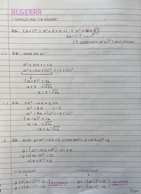 Completing the square practice Math Notes Ideas Middle School, Completing The Square Notes, Math Revision Notes, Freshman Math Notes, Algebra One Notes, Math Homework Notes, Sat Notes Aesthetic, Freshman Notes, Homework Snap