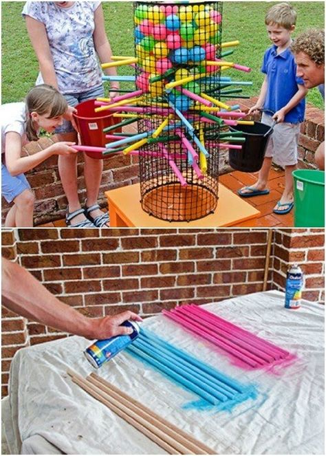 Plastic Ball “Jenga Tower” Outside Games, Outdoor Play Area, Games Kids, Trendy Diy, Yard Games, Backyard Games, Diy Yard, Backyard For Kids, Diy Games