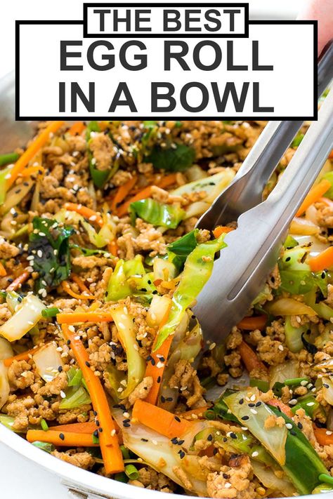 Egg Roll in a Bowl! This one skillet meal comes together in under 20 minutes and is gluten free, keto and low carb! An easy healthy meal the whole family will love! Only 310 calories a serving for this easy crack slaw recipe! Serve this deconstructed Asian-inspired dish on it's own, with rice or cauliflower rice. | chefsavvy.com #eggrollinabowl #keto