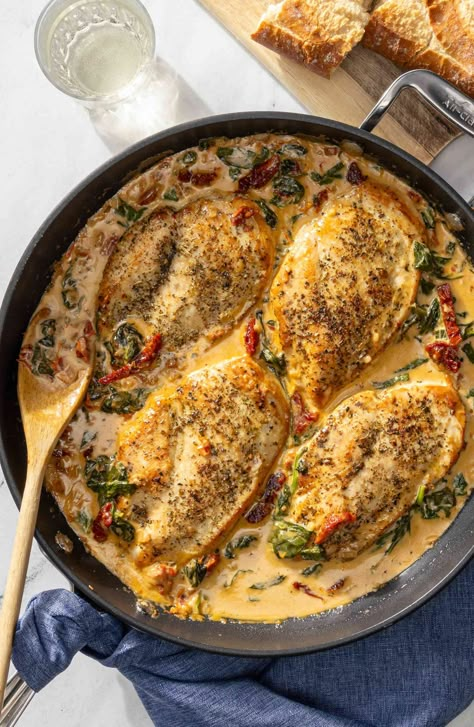 Herby Chicken, Creamy Tuscan Chicken Recipe, Decadent Dinner, Creamy Tuscan Chicken, Parmesan Cream Sauce, Wilted Spinach, Chicken Entrees, Tuscan Chicken, Turkey Dishes