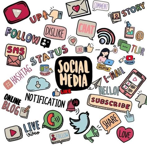 Social Media Doodle Art, Social Media Decorations Ideas, Netiquette Poster Design, Ict Stickers, Ict Poster, Ict Design, Social Media Poster Drawing, Social Media Cartoon, Social Media Doodle