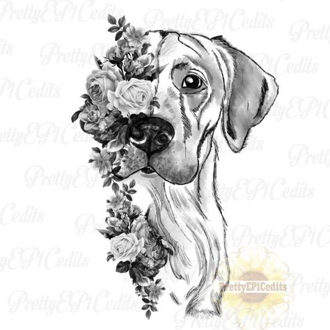 Unique Dog Tattoos, Labrador Flower Tattoo, Organic Pictures, Great Dane Memorial Tattoo, Dog And Flower Tattoo, Dog Silhouette Tattoo With Flowers, Flower Dog Print Tattoo, Flower Dog Tattoo Ideas, Dog Print With Flowers Tattoo