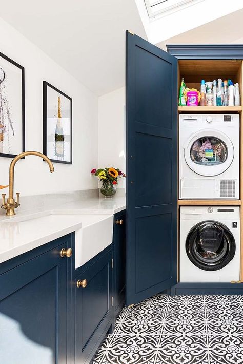 Read all about this bespoke kitchen and utility project in Beckenham as well as many other completed projects on our website. #herringbonekitchens #bespokekitchens #bespokecabinetry #kitchencabinetry #bespokeutility #utilityroom #kitchenextension #kitchenideas #kitcheninspo #bluekitchen #londonkitchens #quartzworktops Washer Dryer Storage, Stacked Washer And Dryer, Washer Dryer Laundry Room, Kitchen And Utility, Utility Space, Laundry Cupboard, Small Utility Room, Utility Room Designs, Utility Cupboard