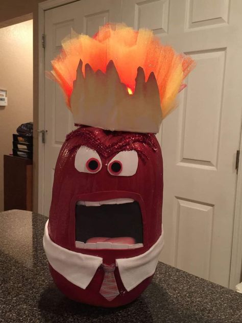 Anger Inside Out Pumpkin, Anger Pumpkin, Inside Out Pumpkin Decorating, Pumping Decorating Ideas, Pumpkin Disguise Ideas, Inside Out Pumpkin Painting, School Pumpkin Decorating Contest, Inside Out Pumpkin, Pumpkin Decorating Contest Winners