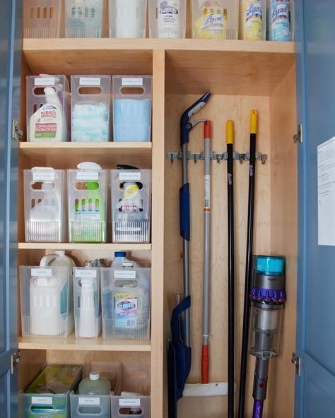 Cleaning Supply Closet Ideas, Cleaning Supply Storage Closet, Cleaning Supplies Organization Closet, Cleaning Supply Storage Basement, Cleaning Supply Closet, Cleaning Cabinets, Wrapping Station, Closet And Bathroom, Cleaning Closet