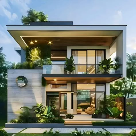 Spa Exterior Design, Bunglow Elevation Modern, Villa Facade Design, Spa Exterior, Modern Villa Exterior, House Structure Design, Indian House Design, Modern Tropical House, 2 Storey House Design