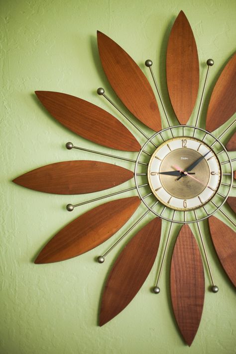 Asian-Inspired Wall Clock | ... , green, Maui bungalow, flower clock, green teapot, sage green walls Mid Century Modern Wall Decor, Victorian Hallway, Mid Century Clock, Hallway Decor, Mid Century Modern Walls, Remodel Kitchen, Hair Raising, Mid Century Modern Decor, Wooden Clock