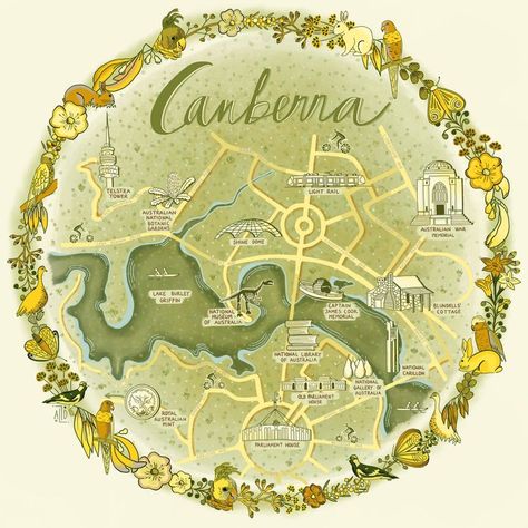 Handmade illustrated map of Canberra, Capital City of Australia showing famous tourist places. Yellow Aesthetics, Cartography Art, Illustration City, Illustrated Maps, Canberra Australia, Procreate Illustration, Map Illustration, Art Procreate, Tourist Map