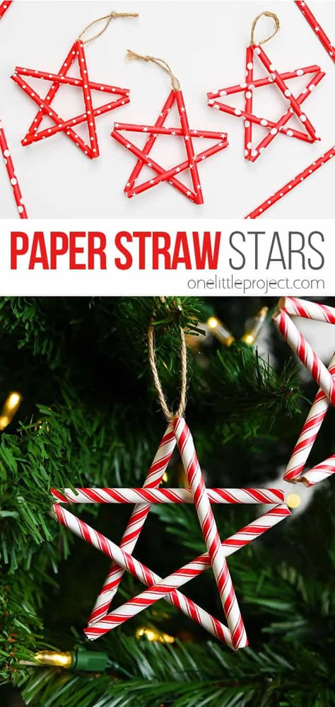 These paper straw stars are SO EASY to make! They're the perfect way to add some crafty charm to your Christmas decor without breaking the bank! Hang them on your Christmas tree, tie them to holiday packages, add them to a homemade garland, or keep them on display all winter long. Follow our easy step-by-step guide to make these cute DIY star ornaments in all your favorite colours. It’s a quick and low-mess craft that both kids and adults will love! Paper Straw Ornaments, Straw Stars Diy Christmas Decorations, Straw Stars Diy, Paper Straw Stars, Homemade Garland Christmas, Diy Star Ornaments, Popsicle Stick Star, Star Ornaments Diy, Star Crafts For Kids