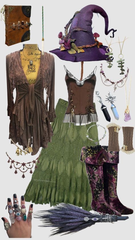 Whimsigoth Witch Costume, Crystal Witch Outfit, Witchcore Fashion Aesthetic, Cottage Witch Costume, Earth Witch Costume, Swamp Witch Outfit, Eclectic Witch Outfit, Green Witch Outfit Aesthetic, Nature Witch Aesthetic Outfit