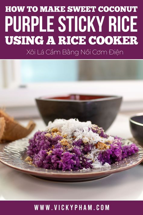 Here’s a cheat version of Vietnamese sweet coconut purple sticky rice using a rice cooker. The traditional method requires soaking the rice the night before and using a steamer with the smallest holes so that the rice grains don’t fall through. In this cheat method, there’s no need for overnight soaking and no need for the perfect size steamer. All you need is a rice cooker. Sweet Rice In Rice Cooker, Mango Sticky Rice In Rice Cooker, Rice Cooker Sticky Rice, Sticky Rice Recipe Rice Cooker, Vietnamese Sticky Rice Recipe, Sticky Rice Rice Cooker, Purple Sticky Rice, Sticky Rice Dessert Recipe, Rice Cooker Chinese Sticky Rice