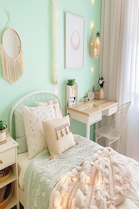 A playful mint green teen bedroom with patterned bedding, whimsical wall decorations, and a cozy study area. Mint Room Ideas Bedrooms, Mint Green Girls Bedroom, Mint Color Room, Mint Green Bedroom Ideas, Teen Bedroom Green, Teal And White Bedroom, Mint Green Room, Bedroom Sage Green, Bedroom Ideas For Teens