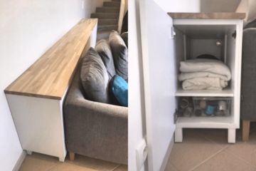 Behind the Couch Cabinet hack: A deep, skinny IKEA BESTÅ console 18 Gap Between Couch And Wall, Ikea Hemnes Console Table Hack, Cabinets Behind Couch, Behind Couch Storage Cabinet, Behind Couch Storage Ideas, Behind Sofa Storage, Behind Couch Storage, Behind The Couch Storage, Bookshelf Behind Couch