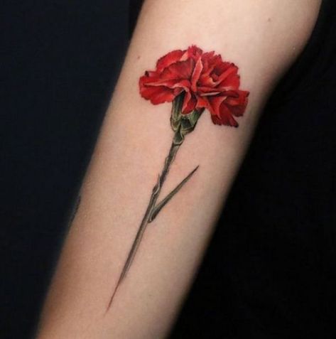 Red Carnations Tattoo, Carnation Tattoo Sleeve, Red Carnation Tattoo, Carnation Tattoo Design, Carnation Tattoos, March Tattoo, Honeysuckle Tattoo, Carnation Flower Tattoo, Marigold Tattoo