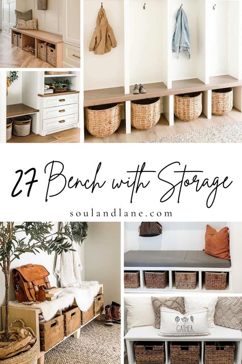 Discover the perfect blend of functionality and style with these mudroom bench ideas featuring smart storage solutions. From built-in cubbies to hidden compartments, explore creative ways to keep your entryway clutter-free and organized. Transform your mudroom into a stylish and efficient space with these bench designs that not only provide seating but also offer practical storage solutions for your everyday essentials. Mud Room Storage With Bench, Under Bench Storage Ideas, Shoe And Jacket Storage Entry Ways Diy, Mudroom Baskets Cubbies, Entry Way Storage Bench Ideas, Backpack Entryway Ideas, Entryway Ideas For Shoes, Entryway Storage Bench Ideas, Built In Mudroom Bench With Storage