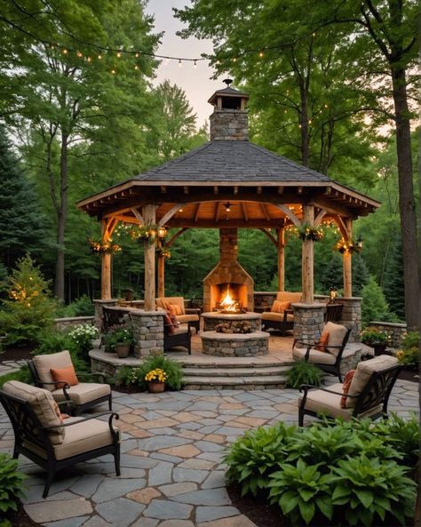 Gazebo Near Pool, Gazebo With Fireplace Ideas, Craftsman Style Gazebo, Backyard Landscaping Gazebo, Concrete Gazebo Ideas Backyard, Backyard Gazebo With Fireplace, 4 Season Gazebo, Covered Fire Pit Ideas Backyard, Backyard Pagoda Patio Ideas