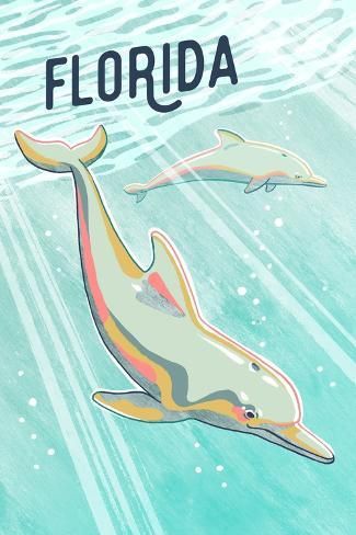 size: 18x12in Art Print: Florida - Graphic Pastel - Bottlenose Dolphin - Lantern Press Artwork by Lantern Press : Beach Room Posters Aesthetic, Dolphin Art Drawings, Ocean Posters Aesthetic, Summer Wall Prints, Ocean Animals Art, Beach Prints Wall Art, Pastel Wall Collage, Manasota Key Florida, Dolphin Poster