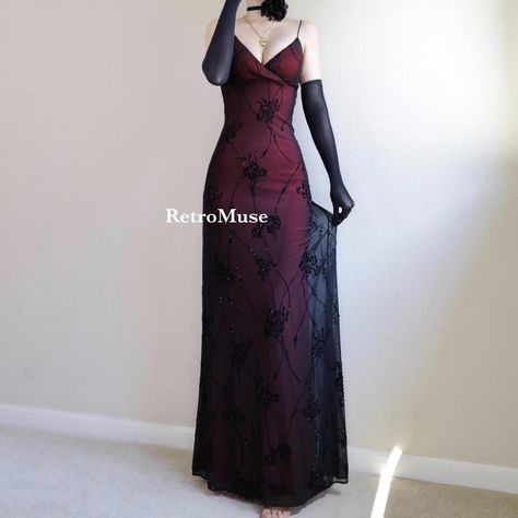 Burgundy Black Prom Dress, Lace Black Prom Dress, Vintage Vampy Prom Dress, Black And Red Vintage Dress, 80 Prom Dress, Red And Black Dresses Formal, Red And Black Premiere Dress, Goth Prom Dress Red, Red Dress With Black Mesh Overlay Prom