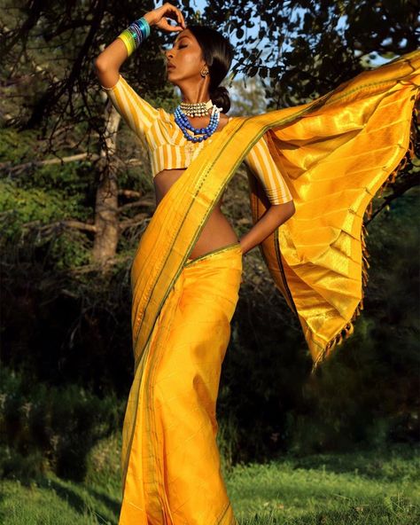 Saree Architect | Tamil 🥥 on Instagram: “Sun kissed #DrapeTherapy #DrapeorDrip   Fashion Stylist + Concept: @rubini.kuna  Muse, Photo & Drapist: @natasha.thasan  Choker: @jodi.box…” Saree On Brown Skin, Natasha Thasan, Yellow Saree Look, Yellow Saree, Canary Yellow, Saree Look, Saree Styles, Brown Skin, Sun Kissed