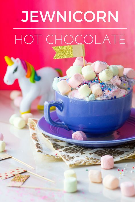 Jewnicorn Hot Chocolate Winter Unicorn Birthday Party, Hot Chocolate Bar For Kids, Blue Hot Chocolate, Unicorn Drink, Oatmeal Granola Bars, Pink Hot Chocolate, Unicorn Hot Chocolate, Unicorn Desserts, Hot Cocoa Recipe