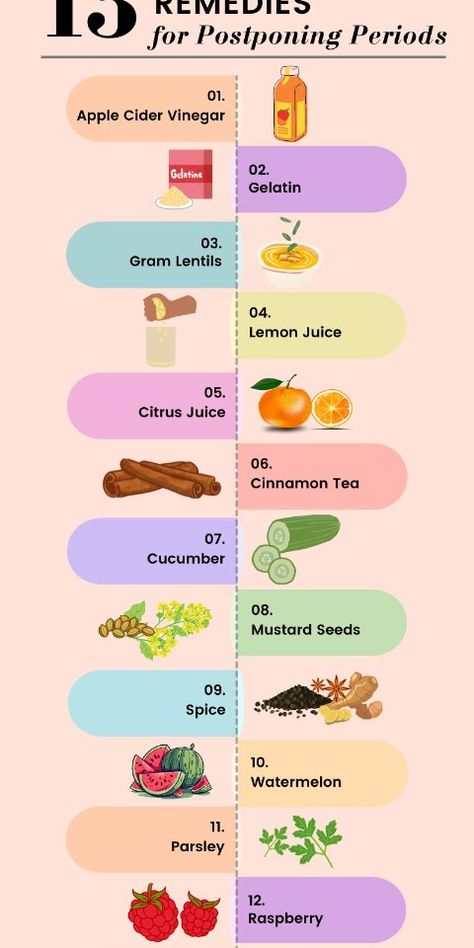 Have you ever wished to press pause on your period, just for a little while? Maybe you've got a beach holiday, a wedding, or a major presentation coming up, and you’re looking for a natural way to delay your period.   1. Apple Cider Vinegar 2. Gelatin 3. Gram Lentils 4. Lemon Juice 5. Citrus Juice 6. Cinnamon Tea 7. Cucumber 8. Mustard Seeds 9. Spice 10. Watermelon 11. Parsley 12. Raspberry 13. Lower Abdomen Massage  Note: Read the complete article to undersatnd the risks and cautions. Abdomen Massage, Coffee Facial, Period Hacks, Cinnamon Tea, Citrus Juice, Lower Abdomen, Mustard Seeds, Quick Workout Routine, Everyday Hacks