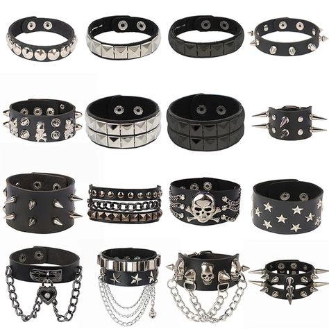 2022 Skull Star Heart Punk Gothic Rock Three Row Metal Stud Spikes Rivet Pu Leather Wristband Bangle Wide Cuff Bracelet - AliExpress Emo Wristbands, Punk Wristband, Weird Style, Studded Bracelet, Digital Closet, Wide Cuff Bracelets, Leather Wristbands, Gothic Rock, Star Bracelet