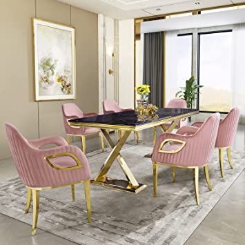 ACEDÉCOR Modern Dining Room Table Set with 6-Piece Dining Chairs, Gold Metal Frame and X-Base, Upholstered Kitchen Table Chair in PaddedMKF 2-PC Set Tote Satchel Bag for Women & Wristlet Wallet Purse: PU Leather Handbag Pocketbook, Shoulder Strap Velvet Arm Chair, Pink Dining Chairs, Kitchen Table Chairs, Dinning Set, Modern Dining Room Tables, Dining Room Table Set, Vanity Chair, Velvet Armchair, Table Chair