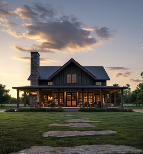 Ranch Style Cabin, House In A Field, Dark Exterior House, Small Ranch House, Metal Building House Plans, Barn Style House Plans, Dream Life House, Cabin House Plans, Farmhouse Style House Plans