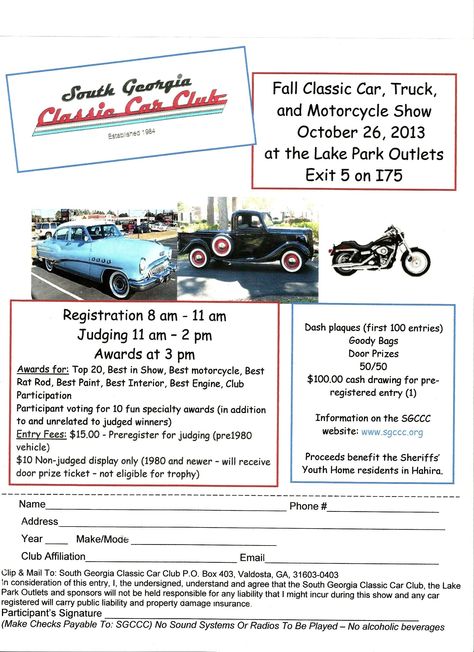 Fall Classic Car Show; Motorcycle Show; Truck Show  10/26/2013 Lake Park, GA Car Show Fundraiser Ideas, 1 Year Business Anniversary, Business Anniversary Party, Car Show Ideas, Auction Basket Ideas, Tvs Motor Company, Business Anniversary, Church Outreach, Auction Basket