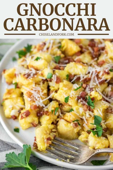 Gnocchi And Pancetta Recipes, Gnocchi Pancetta, Sauces For Gnocchi, Easy Carbonara Sauce, Gnocchi Carbonara, Fresh Gnocchi, Easy Carbonara, Creamy Gnocchi, Gnocchi Recipes Easy