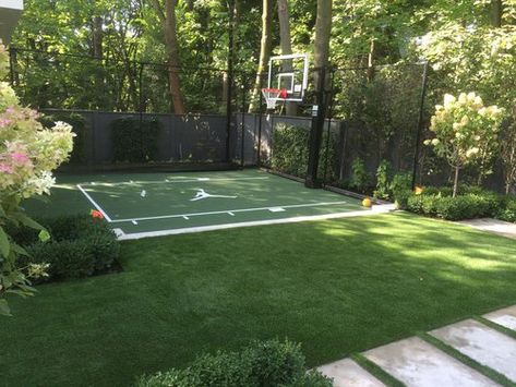 Small Courts - Sport Court Ontario Home Sports Court Outdoor, Small Sport Court Backyard Ideas, Grass Basketball Court, Turf Basketball Court, Half Basketball Court Backyard Size, Residential Basketball Court, Diy Sport Court, Half Court Basketball Backyard, Sport Court Backyard Ideas