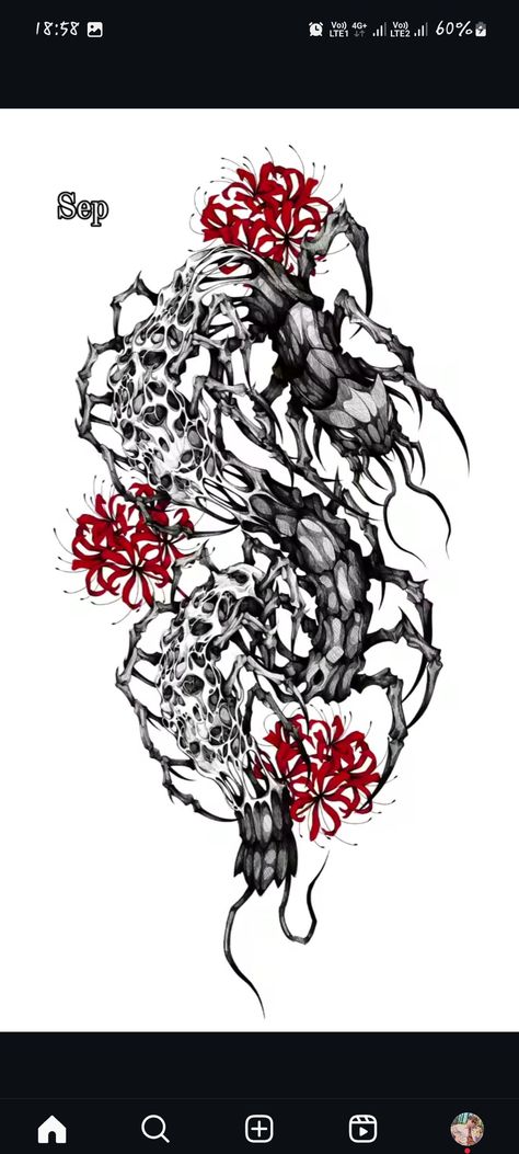 Tokyo Ghoul Flower, Arm Patchwork, Tokyo Ghoul Tattoo, Ghoul Tattoo, Arm Sleeve Ideas, Dragon Sleeve, Red Lily, Sleeves Ideas, Sleeve Ideas