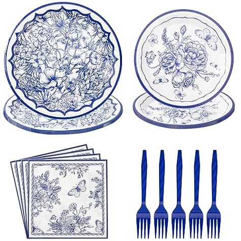 Floral Birthday Party Decorations, Blue Party Themes, Blue Willow Decor, White Paper Plates, Floral Paper Plates, Vintage Graduation, Floral Birthday Party, Birthday Party Set, Tea Party Decorations