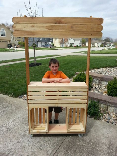 Kids lemonade stand Wood Crate Lemonade Stand, Wooden Crate Lemonade Stand, Lemonade Stand With Crates, Lemonade Stands Diy, Kids Stand Ideas, Lemonade Stand Ideas For Kids, Crate Lemonade Stand, Homemade Lemonade Stand, Kids Lemonade Stand