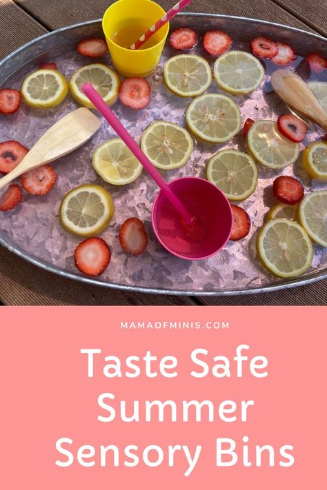 Strawberry Lemonade Sensory Bin Summer Sensory Bin Ideas, Fruit Sensory Bin, Summer Sensory Bins, Sensory Bins For Babies, Water Sensory Bin, Summer Sensory Bin, Summer Sensory, Lemonade Water, Sensory Bin Ideas