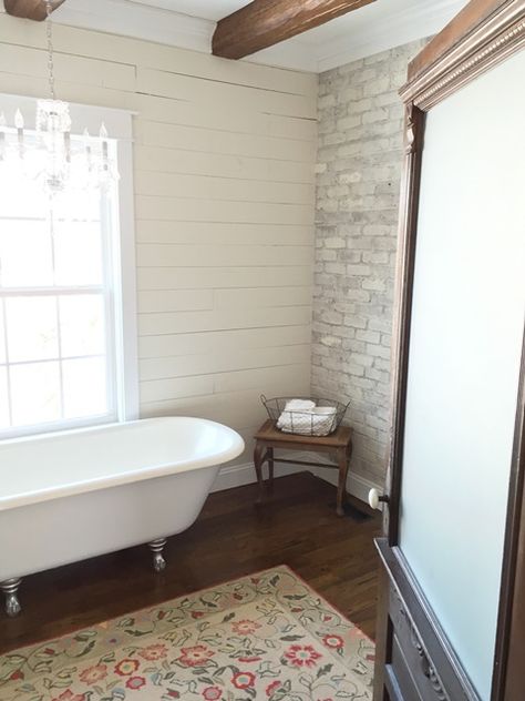 Brick Ranch Remodel, Mixing Modern And Farmhouse, Brick And Shiplap, Wooden Beams Ceiling, Farmhouse Bathroom Design, Small Bedroom Remodel, Ranch Remodel, Modern Flooring, Faux Wood Beams