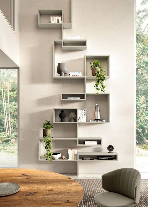 vertical wall-mounted bookcase | LagoLinea Bookshelf | LAGO Vertical Bookshelf, Unique Bookcase, Modular Bookcase, Store Shelves Design, Narrow House Designs, Living Room Wall Designs, Drawing Furniture, Architectural Ideas, Bookshelves In Living Room