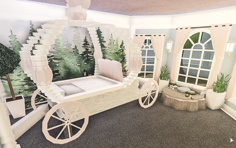 Bedroom design with a custom carriage bed. Bloxburg Carriage, Bloxburg Custom Bed, Hotel Room Design Bedrooms, Carriage Bed, Bloxburg Bedroom, Princess Bedrooms, Forest Bedroom, Roblox House, Blocksburg Room Ideas￼