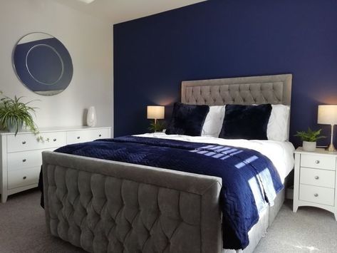 Silver And Navy Bedroom Ideas, Sapphire Blue Bedroom Ideas, Navy Bedroom Grey Bed, Blue Grey Black Bedroom, Silver And Navy Bedroom, Navy Blue And Grey Bedroom Master, Dulux Sapphire Salute Bedrooms, Navy Blue And Grey Bedroom Ideas, Sapphire Salute Bedroom