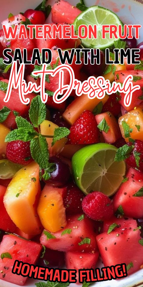 Watermelon Fruit Salad with Lime Mint Dressing Watermelon Boat, Watermelon Fruit Salad, Mint Dressing, Salad With Strawberries, Dressing For Fruit Salad, Salads Recipes, Quick Healthy Snacks, Mint Salad, Juicy Watermelon