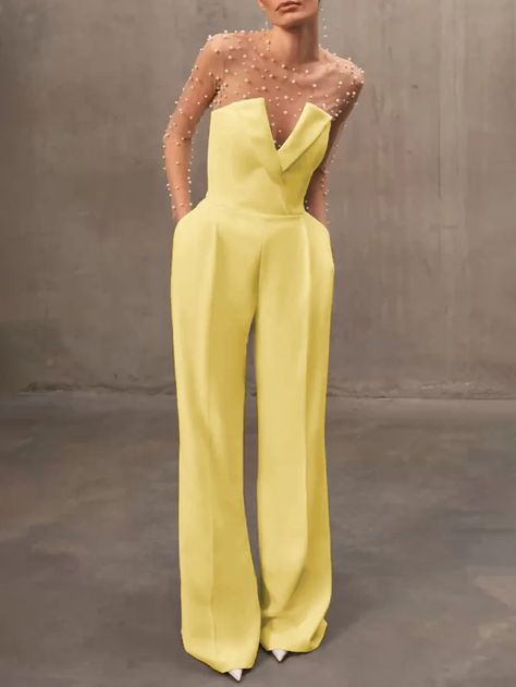 Women White Imitation Pearls Strapless Jumpsuit Women Monochrome Outfit, Yellow Formal Outfit, Elegant Jumpsuits For Women, Yellow Jumpsuit Outfit, Fancy Event Outfit, Rehearsal Dinner Jumpsuit, Jumpsuit Outfit Elegant, Light Yellow Outfit, Jumpsuit Elegant Formal